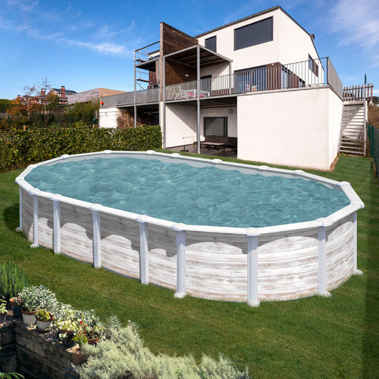 PISCINE EN KIT HORS SOL ACIER IMITATION BOIS OVALE 6,10M X 3,75M